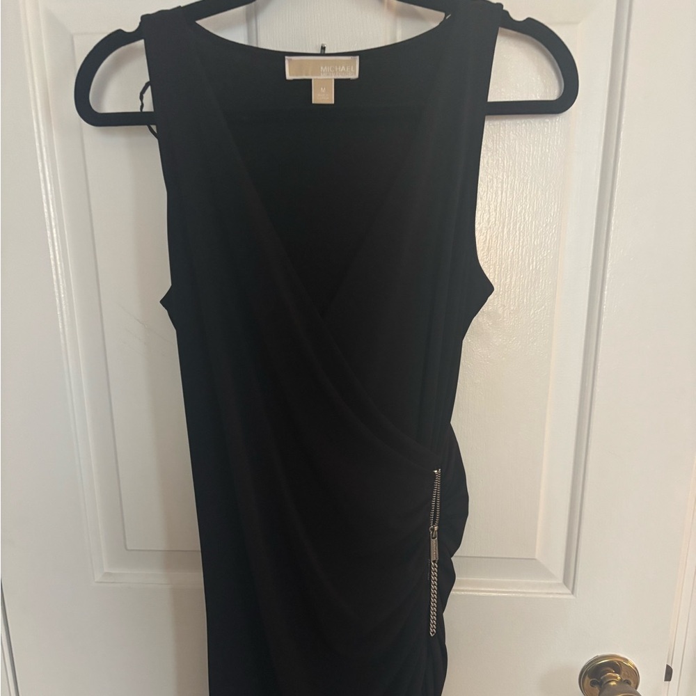MICHAEL Michael Kors Black Sleeveless Faux-Wrap Dress with Chain Zip Accent